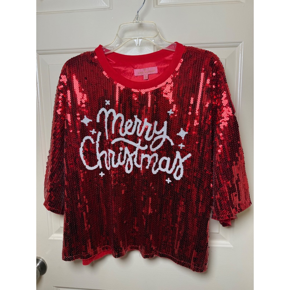 Simply Southern Merry Christmas Red Sequin Top 3/4 Sleeve Holiday Shirt XL NEW